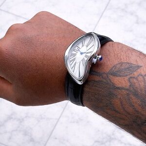 Men's Black Leather Strap Sculpted Silver Watch
